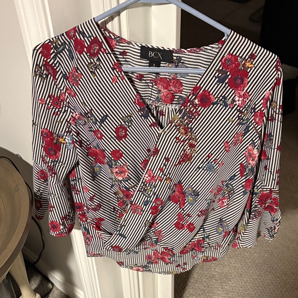 BCX Women's Red Floral Striped Blouse